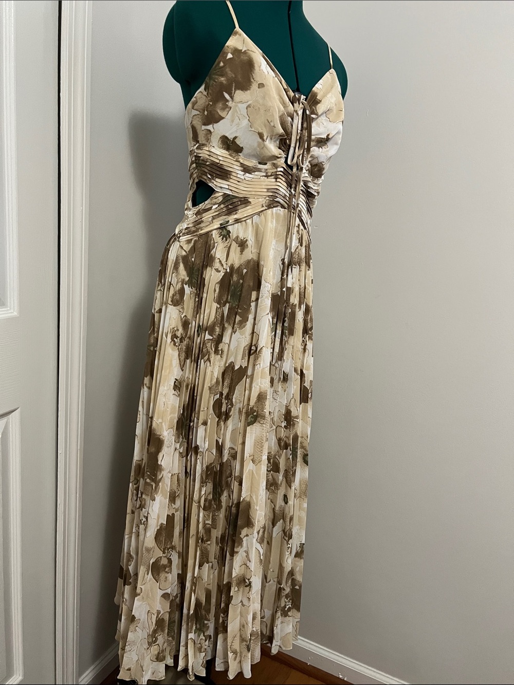 Versona Beige and Brown Floral Maxi Dress with Side Cutouts